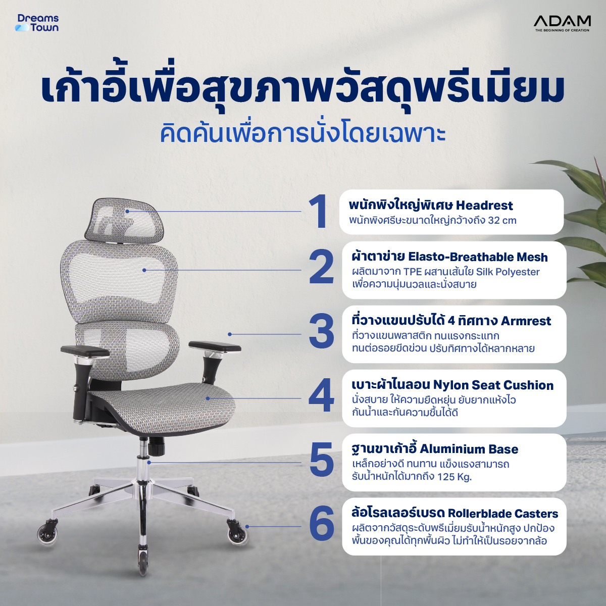 เก้าอี้ทำงาน เพื่อสุขภาพ ADAM รุ่น DOT1 ERGO CHAIR SPACE GRAY สีเทา_1